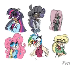 Size: 875x807 | Tagged: safe, artist:jazzyrazzy14, derpibooru import, applejack, fluttershy, pinkie pie, rainbow dash, rarity, twilight sparkle, human, alternate hairstyle, clothes, dark skin, female, freckles, grin, hoodie, humanized, image, mane six, necktie, png, shirt, simple background, skirt, sleeveless, smiling, suit, sweater, white background