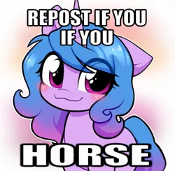 Size: 1325x1298 | Tagged: safe, artist:moozua, derpibooru import, izzy moonbow, horse, pony, unicorn, blushing, cute, ear down, female, g5, image, impact font, izzybetes, jpeg, mare, meme, repost, solo, wat