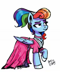 Size: 1091x1298 | Tagged: safe, artist:amy-gamy, derpibooru import, rainbow dash, pegasus, pony, sparkle's seven, alternate hairstyle, clothes, dress, ear piercing, earring, eyeshadow, female, image, jewelry, jpeg, makeup, mare, megaradash, piercing, rainbow dash always dresses in style, simple background, solo, white background