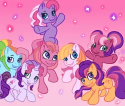Size: 1280x1086 | Tagged: safe, artist:eggishponts, derpibooru import, cheerilee (g3), pinkie pie (g3), rainbow dash (g3), scootaloo (g3), starsong, sweetie belle (g3), toola roola, earth pony, pegasus, pony, unicorn, core seven, cute, female, females only, g3, g3.5, gradient background, group, image, mare, png, simple background, smiling, sparkles