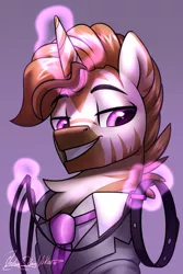 Size: 2000x3000 | Tagged: suggestive, artist:jedayskayvoker, derpibooru import, oc, oc:classy straps, unofficial characters only, hybrid, pony, unicorn, zony, suited for success, bedroom eyes, bust, clothes, collar, eyebrows, glow, glowing horn, gradient background, horn, icon, image, imminent sex, implied bondage, leash, levitation, lidded eyes, looking at you, magic, magic use, male, necktie, patreon, patreon reward, png, portrait, short hair, signature, smiley face, solo, solo male, stallion, telekinesis