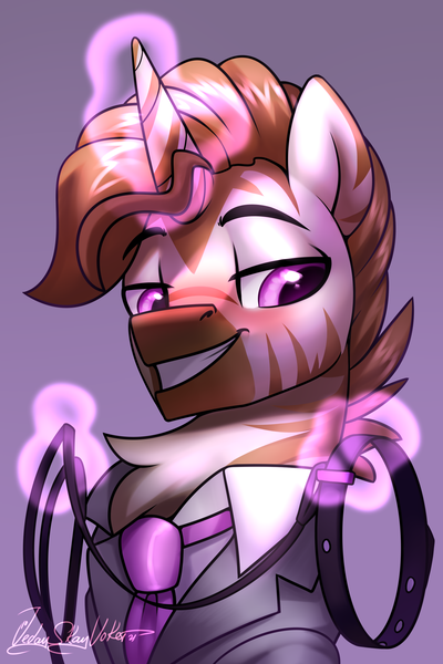 Size: 2000x3000 | Tagged: suggestive, alternate version, artist:jedayskayvoker, derpibooru import, oc, oc:classy straps, unofficial characters only, hybrid, pony, unicorn, zony, suited for success, bedroom eyes, blushing, bust, clothes, collar, eyebrows, glow, glowing horn, gradient background, horn, icon, image, imminent sex, implied bondage, leash, levitation, lidded eyes, looking at you, magic, magic use, male, necktie, patreon, patreon reward, png, portrait, short hair, signature, smiley face, solo, solo male, stallion, telekinesis, this will end in love