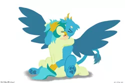 Size: 3600x2400 | Tagged: suggestive, artist:rockhoppr3, derpibooru import, gallus, sandbar, earth pony, gryphon, pony, eyes closed, floppy ears, gallbar, gay, image, kissing, making out, male, open mouth, paw pads, png, shipping, simple background, spread wings, white background, wings