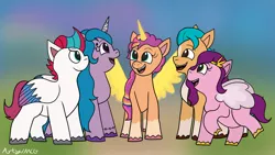 Size: 1280x720 | Tagged: safe, artist:artyanimated, derpibooru import, hitch trailblazer, izzy moonbow, pipp petals, sunny starscout, zipp storm, alicorn, earth pony, pegasus, pony, unicorn, my little pony: a new generation, blurry background, doodle, g5, group, image, mane five (g5), png, redraw, sunnycorn