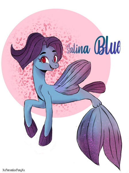 Size: 1024x1368 | Tagged: safe, artist:xxparadoxponyxx, derpibooru import, salina blue, seapony (g4), my little pony: the movie, dorsal fin, female, fins, fin wings, fish tail, flowing tail, image, jpeg, open mouth, purple mane, red eyes, simple background, smiling, solo, tail, white background, wings