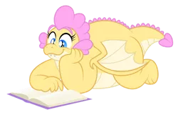 Size: 1600x1032 | Tagged: safe, artist:aleximusprime, derpibooru import, oc, oc:buttercream the dragon, dragon, flurry heart's story, book, chubby, cute, dragoness, dragon oc, female, image, lying down, plump, png, reading