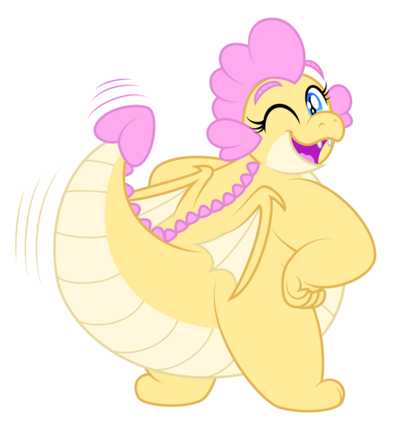 Size: 1280x1386 | Tagged: safe, artist:aleximusprime, derpibooru import, oc, oc:buttercream the dragon, dragon, chubby, cute, dancing, dragon oc, female, hand on hip, image, looking at you, one eye closed, open mouth, open smile, plump, png, shaking tail, smiling, tail shake, wink, winking at you