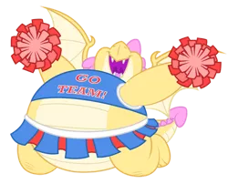 Size: 1600x1293 | Tagged: safe, artist:aleximusprime, derpibooru import, oc, oc:buttercream the dragon, dragon, cheerleader, cheerleader outfit, cheerleading, chubby, clothes, cute, dragoness, dragon oc, female, halter top, image, miniskirt, plump, png, pom pom, skirt, sliding