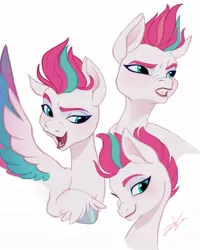 Size: 992x1240 | Tagged: safe, artist:loud_cat_makes_noises, derpibooru import, zipp storm, pegasus, pony, my little pony: a new generation, my little pony: pony life, bust, eyebrows, facial expressions, female, frown, furrowed brow, g5, image, jpeg, mare, open mouth, open smile, raised hoof, signature, simple background, smiling, smirk, solo, spread wings, teeth, unshorn fetlocks, white background, wings