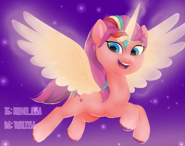 Size: 840x660 | Tagged: safe, artist:twiliysa, derpibooru import, sunny starscout, alicorn, pony, my little pony: a new generation, female, flying, g5, glow, glowing horn, horn, image, jpeg, mare, solo, sunnycorn