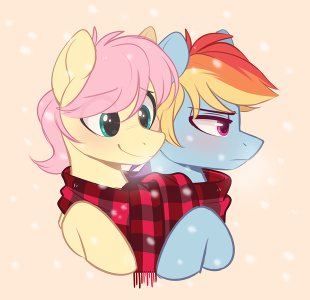 Size: 930x900 | Tagged: safe, artist:higgly-chan, derpibooru import, fluttershy, rainbow dash, pegasus, pony, adorascotch, alternate hairstyle, blushing, bust, butterblitz, butterscotch, christmas, clothes, cream background, cute, dashabetes, duo, duo male, eye clipping through hair, eyebrows, eyebrows visible through hair, female, flutterdash, frown, gay, holiday, image, lesbian, male, png, rainbow blitz, rule 63, scarf, shipping, smiling, snow, stallion