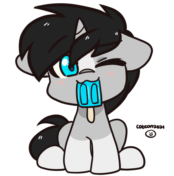 Size: 1969x2000 | Tagged: safe, artist:cottonsweets, derpibooru import, oc, oc:cyan delta, unofficial characters only, pony, unicorn, commission, cute, floppy ears, food, image, male, one eye closed, png, popsicle, redesign, simple background, solo, transparent background, ych result