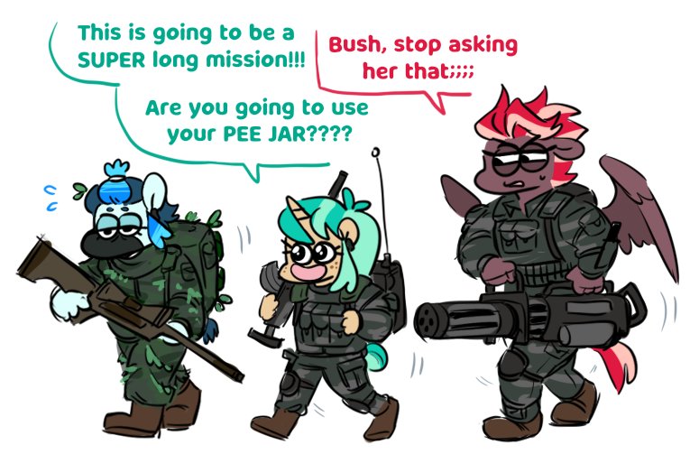 Size: 775x503 | Tagged: safe, artist:redxbacon, derpibooru import, oc, oc:aerial swipe, oc:bush whack, oc:pin point, anthro, earth pony, pegasus, unicorn, cheerful, earth pony oc, gun, horn, image, jpeg, military, pegasus oc, rifle, soldier, unicorn oc, weapon, wings