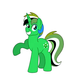 Size: 1200x1200 | Tagged: safe, derpibooru import, oc, oc:emerald star, unofficial characters only, pony, unicorn, derpibooru community collaboration, 2022 community collab, horn, image, male, multicolored mane, multicolored tail, png, raised hoof, simple background, smiling, solo, stallion, standing, tail, transparent background, unicorn oc
