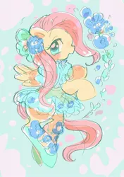 Size: 1440x2048 | Tagged: safe, artist:osawari64, derpibooru import, fluttershy, pegasus, pony, blushing, clothes, dress, female, flower, image, jpeg, looking at you, mare, smiling, solo, spread wings, wings