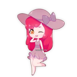 Size: 1000x1000 | Tagged: safe, artist:vaneluh, derpibooru import, apple bloom, human, chibi, clothes, dress, hat, humanized, image, one eye closed, png, simple background, solo, transparent background, wink