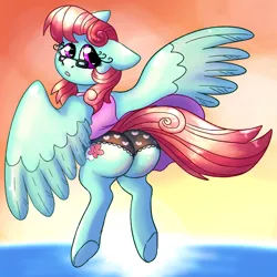 Size: 2500x2500 | Tagged: safe, artist:northernlightsone, author:bigonionbean, derpibooru import, posey shy, windy whistles, oc, oc:gentle breeze, pegasus, pony, butt, clothes, commission, commissioner:bigonionbean, cutie mark, female, flank, flying, fusion, fusion:gentle breeze, glasses, image, looking at you, mare, ocean, plot, png, swimsuit, water