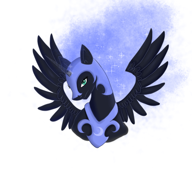 Size: 2001x1800 | Tagged: safe, artist:moonfini, derpibooru import, nightmare moon, alicorn, pony, blue mane, bust, ethereal mane, feather, female, flowing mane, green eyes, helmet, horn, image, looking at you, png, simple background, solo, sparkles, spread wings, starry mane, stars, transparent background, wings