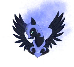 Size: 2001x1800 | Tagged: safe, artist:moonfini, derpibooru import, nightmare moon, alicorn, pony, blue mane, bust, ethereal mane, feather, female, flowing mane, green eyes, helmet, horn, image, looking at you, png, simple background, solo, sparkles, spread wings, starry mane, stars, transparent background, wings