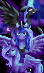 Size: 1800x3000 | Tagged: safe, artist:cloudy-risicpaint, derpibooru import, nightmare moon, princess luna, alicorn, pony, black background, blue eyes, blue mane, blue tail, colored pupils, crying, ethereal mane, feather, female, filly, flowing tail, glow, glowing horn, grin, horn, image, lidded eyes, looking at you, looking down, mare, png, sad, signature, simple background, smiling, solo, spread wings, starry mane, tail, teary eyes, teeth, wingding eyes, wings, woona, younger