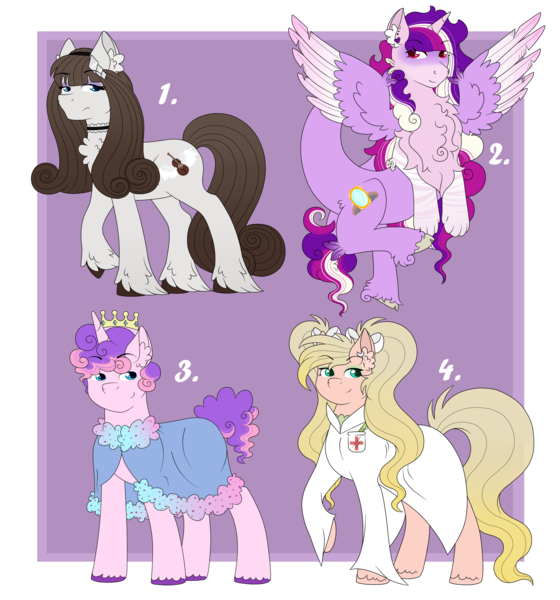 Size: 4608x4935 | Tagged: safe, artist:blazenly-obvious, derpibooru import, oc, oc:discorded melodi, oc:fermata, oc:flurry heart, oc:primrose, unofficial characters only, earth pony, hybrid, pony, unicorn, cape, chest fluff, choker, clothes, crown, draconequus hybrid, ear fluff, female, image, interspecies offspring, jewelry, lab coat, magical lesbian spawn, male, mare, offspring, parent:big macintosh, parent:discord, parent:fluttershy, parent:octavia melody, parent:princess cadance, parent:rarity, parent:shining armor, parents:discodance, parents:fluttermac, parents:raritavia, parents:shiningcadance, pigtails, png, regalia, stallion, twintails, unshorn fetlocks