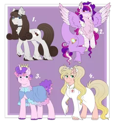 Size: 4608x4935 | Tagged: safe, artist:blazenly-obvious, derpibooru import, oc, oc:discorded melodi, oc:fermata, oc:flurry heart, oc:primrose, unofficial characters only, earth pony, hybrid, pony, unicorn, cape, chest fluff, choker, clothes, crown, draconequus hybrid, ear fluff, female, image, interspecies offspring, jewelry, lab coat, magical lesbian spawn, male, mare, offspring, parent:big macintosh, parent:discord, parent:fluttershy, parent:octavia melody, parent:princess cadance, parent:rarity, parent:shining armor, parents:discodance, parents:fluttermac, parents:raritavia, parents:shiningcadance, pigtails, png, regalia, stallion, twintails, unshorn fetlocks