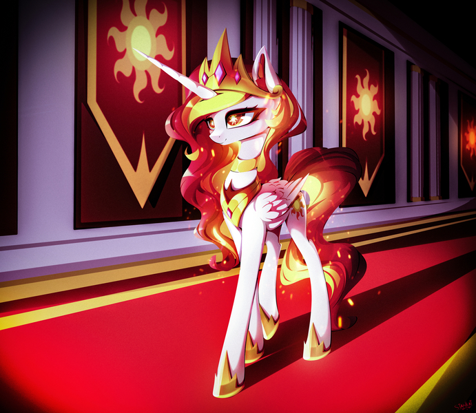 Size: 1920x1667 | Tagged: safe, artist:stahlkat, derpibooru import, daybreaker, princess celestia, canterlot, carpet, corridor, crown, ear fluff, feather, female, folded wings, gem, glow, hoof shoes, horn, image, jewelry, jpeg, mane of fire, red eyes, red mane, regalia, smiling, solo, sun, sunlight, sunrise, wingding eyes, wings