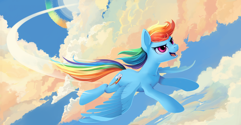 Size: 1920x997 | Tagged: safe, artist:anonymous, banned from derpibooru, deleted from derpibooru, edit, editor:unofficial edits thread, rainbow dash, pegasus, pony, /mlp/, cloud, female, flying, image, mare, open mouth, open smile, png, redraw, smiling, solo, sonic rainboom