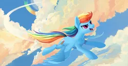 Size: 1920x997 | Tagged: safe, artist:ponykillerx, banned from derpibooru, deleted from derpibooru, edit, editor:unofficial edits thread, rainbow dash, pegasus, pony, /mlp/, cloud, female, flying, image, mare, open mouth, open smile, png, redraw, smiling, solo, sonic rainboom