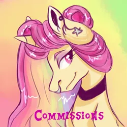 Size: 350x350 | Tagged: safe, artist:just-silvushka, derpibooru import, oc, unofficial characters only, pony, unicorn, abstract background, bust, ear piercing, female, horn, image, mare, multicolored hair, nose piercing, nose ring, piercing, png, rainbow hair, smiling, solo, unicorn oc