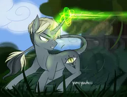 Size: 2619x2000 | Tagged: safe, artist:yumeyuuheii, derpibooru import, oc, unofficial characters only, pony, unicorn, blast, cloud, glow, glowing horn, horn, image, jpeg, leonine tail, magic, magic beam, magic blast, male, outdoors, stallion, tail, unicorn oc