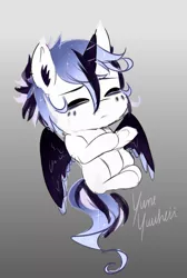 Size: 1227x1823 | Tagged: safe, artist:yumeyuuheii, derpibooru import, oc, unofficial characters only, alicorn, pony, alicorn oc, baby, baby pony, ear fluff, eyes closed, gradient background, horn, image, jpeg, male, parent:nightmare rarity, parent:rarity, signature, wings