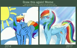 Size: 5200x3227 | Tagged: safe, artist:yumeyuuheii, derpibooru import, rainbow dash, pegasus, pony, cloud, duo, female, image, jpeg, looking back, mare, outdoors, redraw, wings