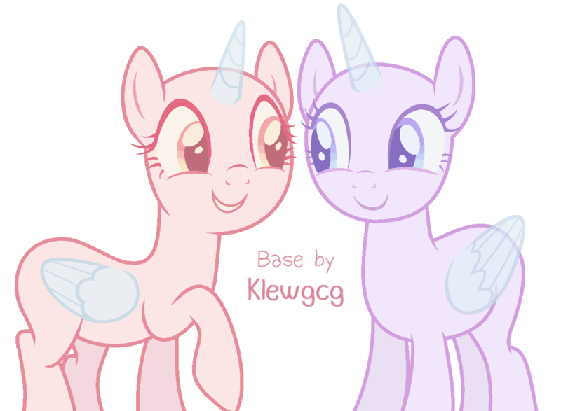 Size: 1253x920 | Tagged: safe, artist:klewgcg, derpibooru import, oc, unofficial characters only, alicorn, pony, alicorn oc, bald, base, duo, eyelashes, female, horn, image, mare, png, raised hoof, smiling, wings