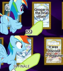 Size: 1080x1217 | Tagged: safe, derpibooru import, edit, edited screencap, screencap, granny smith, rainbow dash, earth pony, pegasus, grannies gone wild, season 9, the ending of the end, spoiler:s09, disappointed, flying, hooves, image, implied discord, implied grogar, jpeg, meme, offscreen character, pointing, smiling, text, wild blue yonder