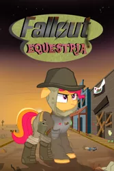 Size: 2000x3000 | Tagged: safe, artist:pizzamovies, derpibooru import, oc, oc:persistent taffy, unofficial characters only, earth pony, pony, fallout equestria, fanfic, armor, boots, bottle, cactus, canteen, clothes, desert, doll, fallout, fallout: new vegas, fanfic art, fanfic cover, female, flag, hat, image, mare, new california republic, png, shoes, solo, sunset, town, toy