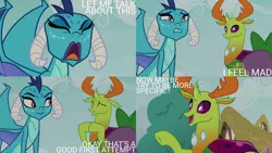 Size: 1280x720 | Tagged: safe, derpibooru import, edit, edited screencap, editor:quoterific, screencap, princess ember, thorax, changedling, changeling, dragon, season 7, triple threat, eyes closed, female, image, jpeg, king thorax, male, open mouth, open smile, smiling