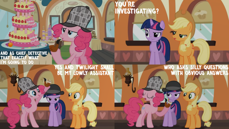 Size: 1280x720 | Tagged: safe, derpibooru import, edit, edited screencap, editor:quoterific, screencap, applejack, pinkie pie, twilight sparkle, earth pony, pony, unicorn, mmmystery on the friendship express, season 2, applejack's hat, cake, cowboy hat, eyes closed, female, food, friendship express, hat, image, mare, open mouth, open smile, png, smiling, train, unicorn twilight