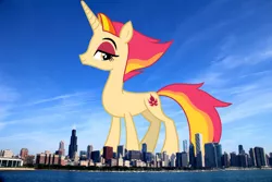 Size: 1500x1000 | Tagged: safe, artist:cheezedoodle96, derpibooru import, fire flare, pony, unicorn, chicago, female, giant pony, giant unicorn, giantess, highrise ponies, illinois, image, irl, macro, mare, mega giant, photo, png, ponies in real life