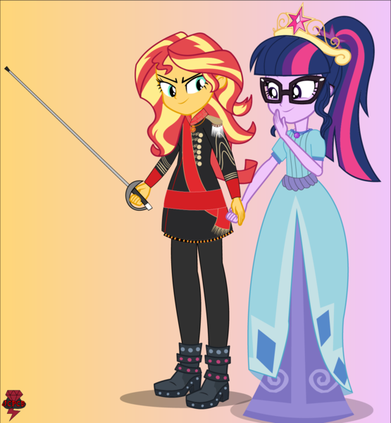 Size: 1226x1326 | Tagged: safe, artist:jcpcb, artist:jcpreactyt, derpibooru import, sci-twi, sunset shimmer, twilight sparkle, clothes, crown, dress, female, hair, image, jewelry, lesbian, lovers, png, ponytail, protector, regalia, relationship, scitwishimmer, shipping, soldier, suit, sunsetsparkle, sword, weapon