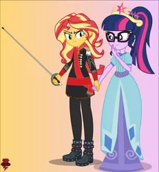 Size: 1226x1326 | Tagged: safe, artist:jcpcb, artist:jcpreactyt, derpibooru import, sci-twi, sunset shimmer, twilight sparkle, clothes, crown, dress, female, hair, image, jewelry, lesbian, lovers, png, ponytail, protector, regalia, relationship, scitwishimmer, shipping, soldier, suit, sunsetsparkle, sword, weapon