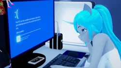 Size: 1600x900 | Tagged: suggestive, artist:mistpony, derpibooru import, oc, oc:tara mistpony, unofficial characters only, anthro, unicorn, 3d, big breasts, blue screen of death, breasts, clothes, computer, computer monitor, computer mouse, female, huge breasts, image, keyboard, koikatsu, mobile phone, phone, png, smartphone, solo, solo female