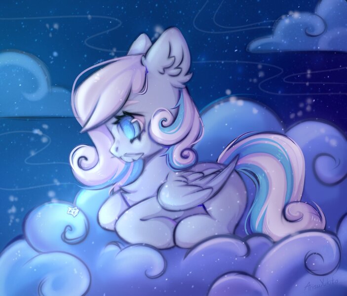 Size: 1480x1264 | Tagged: safe, artist:arisuyukita, derpibooru import, oc, oc:snowdrop, unofficial characters only, pegasus, pony, chest fluff, cloud, ear fluff, feather, female, filly, image, jpeg, lying down, on a cloud, pegasus oc, side view, snow, snowflake, solo, wings