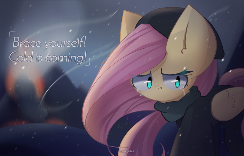 Size: 2500x1600 | Tagged: safe, artist:miryelis, derpibooru import, fluttershy, pegasus, pony, clothes, costume, crying, fire, frostpony, frostpunk, generator, hat, image, png, snow, solo, teary eyes, text, wind