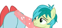 Size: 1280x590 | Tagged: artist needed, suggestive, derpibooru import, ocellus, sandbar, changeling, earth pony, ass, ass up, bedroom eyes, butt, eyes on the prize, female, image, looking at her butt, male, ocelbar, png, shipping, simple background, straight, transparent background