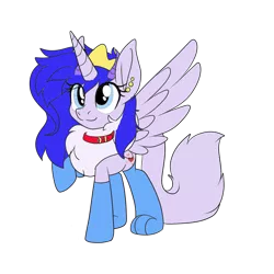 Size: 1500x1500 | Tagged: safe, artist:princessmoonlight, derpibooru import, oc, oc:midnight hearts, alicorn, hybrid, kirin, wolf, derpibooru community collaboration, 2021-2022, 2022, 2022 community collab, clothes, collar, crown, cutie mark, ear piercing, earring, horns, image, jewelry, long ears, long tail, looking at you, paws, piercing, png, raised hoof, regalia, simple background, smiling, socks, spread wings, stockings, tail, thigh highs, transparent background, wings