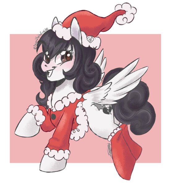 Size: 1772x1889 | Tagged: safe, artist:beyond_inside, derpibooru import, oc, oc:marie, unofficial characters only, pegasus, pony, christmas, clothes, cute, female, filly, happy, hat, holiday, image, jpeg, looking at you, santa hat, smiling, socks, solo, spread wings, wings