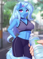 Size: 1163x1600 | Tagged: suggestive, alternate version, artist:twistedscarlett60, derpibooru import, trixie, anthro, unicorn, belly button, bottle, breasts, busty trixie, chest fluff, cleavage, clothes, hand, image, jpeg, looking at you, offscreen character, pov, smiling, sports bra, sports panties, sweat, water bottle