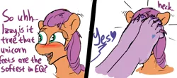 Size: 750x332 | Tagged: suggestive, artist:fetishsketches, derpibooru import, izzy moonbow, sunny starscout, anthro, earth pony, plantigrade anthro, unicorn, blushing, dialogue, doodle, feet, feet on face, fetish, foot fetish, g5, heck, image, nail polish, open mouth, png, toenail polish