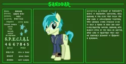 Size: 11720x6000 | Tagged: safe, artist:ponygamer2020, derpibooru import, sandbar, earth pony, pony, fallout equestria, bio, clothes, cute, cutie mark, fallout, fallout equestria: character guide, happy, image, jumpsuit, looking at you, male, pipboy, png, reference sheet, s.p.e.c.i.a.l., sandabetes, smiling, smiling at you, solo, teenager, vault suit, vector